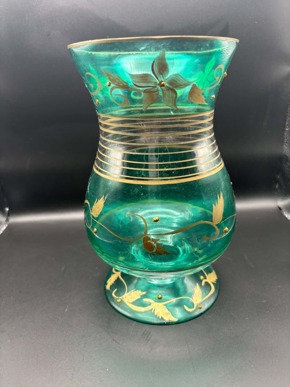 Elegant Teal Glass Vase with Gold Floral Accents